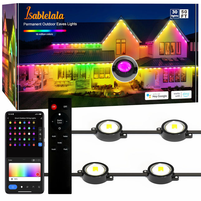 Permanent Outdoor Lights 50.5ft, RGB Smart Eaves Lights with 30 LED Lights, IP65 Waterproof Lighting House Lights Outdoor for Halloween, Christmas, Work with Alexa, Black