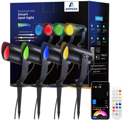 Smart Landscape Lighting, IP67 Waterproof Landscape Spotlights, 3000LM Dimmable RGBICW Pathway Lights Work with Alexa, Spot Lights for Christmas Outdoor Decoration, 4 Pack