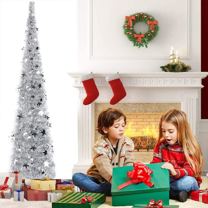 QUIENKITCH 6FT Pop Up Artificial Christmas Tree, Collapsible Sliver Tinsel Christmas Tree, Foldable Tall Skinny Pencil Xmas Tree for Holiday Xmas Fireplace Party Decor