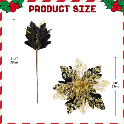 Briful 6PCS Poinsettias Christmas Tree Flowers 9.8'' Artificial Christmas Floral Picks and Sprays Large Black Silk Flowers with Stems for Xmas Home Vase Table Centerpiece Garland Decor
