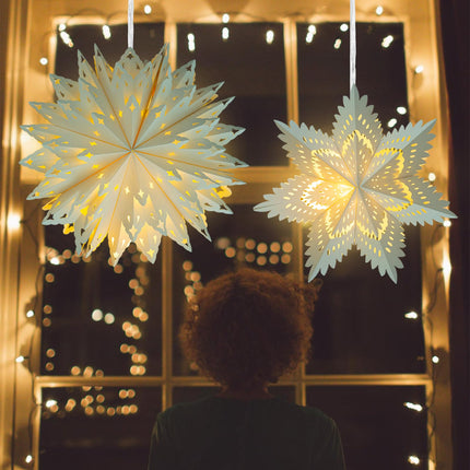 5 Pack Christmas Paper Snowflake Lanterns, Christmas Paper Star Lantern with LED Light White Hanging Lamp Ornaments for Xmas Tree Year Winter Frozen Weddings Birthday Holiday Party Decorations