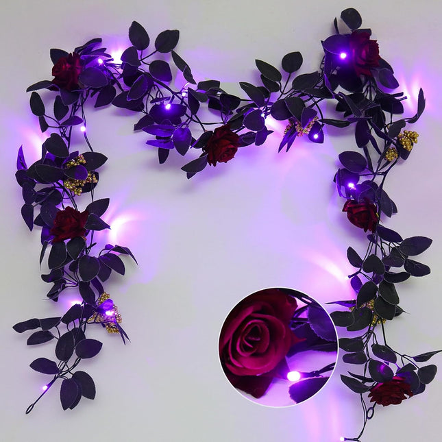 RECUTMS Halloween Flower Garland Decorations Rose Vines with Purple LED Artificial Vine Plants Flowers Wreaths Fake Flower Garland Fake Ivy Real Touch Silk Plastic Leaf for Wedding Home (Red)