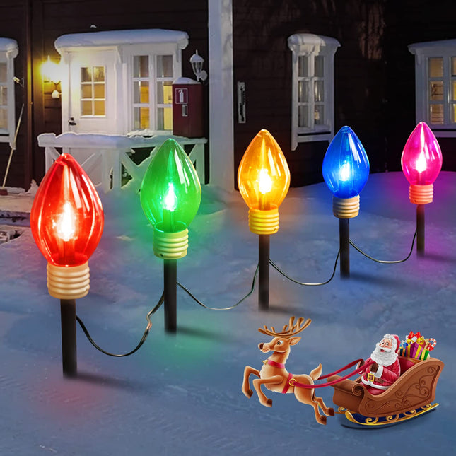 Minetom Christmas Lights Jumbo C9 Outdoor Lawn Decorations with Pathway Marker Stakes, 8.5 ft C7 Lights Covered Jumbo Glitter Multicolor Bulb for Holiday Outside Yard Garden Decor, 5 Lights