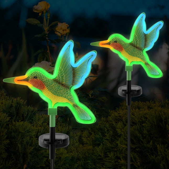 Solar Hummingbird Lights 2PCS,Solar Outdoor Garden Decoration, Neon Solar Garden Stake Lights, Christmas Garden Light Decor, Waterproof Garden Outdoor(2pcs - Hummingbird)