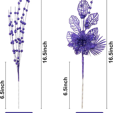 24 Pack Christmas Tree Ornaments - Artificial Flowers Glitter Berry Stems Christmas Floral Picks Branches for Xmas Tree Decorations Vase Filler Holiday Wedding Party Home Decor (Purple)