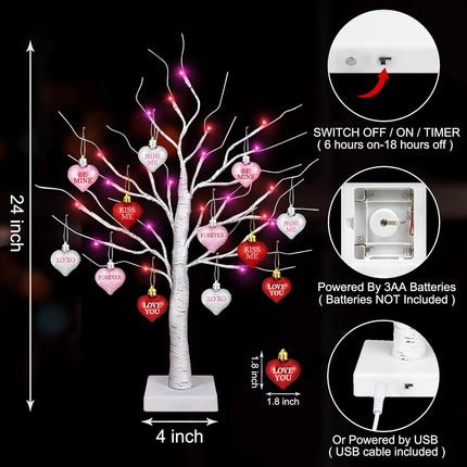 Valentines Day Decorations 24 Inch Lighted Valentines Decor Tree with 12 Heart Ornament, Timer/USB/Battery Operated Valentine's Decoration Tree, Valentines Day Decor for Home Table Bedroom Party