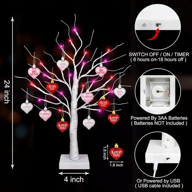Valentines Day Decorations 24 Inch Lighted Valentines Decor Tree with 12 Heart Ornament, Timer/USB/Battery Operated Valentine's Decoration Tree, Valentines Day Decor for Home Table Bedroom Party