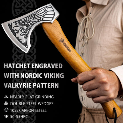 NedFoss 13" Valkyrie Viking Axe Handmade Viking Hatchet with Leather Sheath High Carbon 1055 Steel Blade Premium Viking Axes Design for Camping Bushcraft Hatchet Collection Gift for Men Women