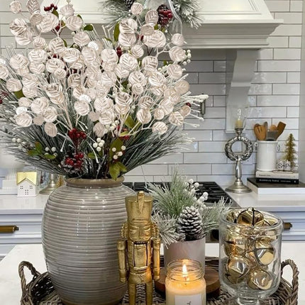Hollyone 24.8” Christmas Tree Picks and Sprays 3Pcs Champagne Artificial Eucalyptus Stems Eucalyptus Silver Dollar Leaves Branches Floral for Xmas Tree Garland Wreath Centerpieces Wedding Decor