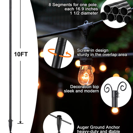 String Light Poles - White 10FT Outdoor Light Poles for String Lights Hanging, Waterproof Patio Light Poles for Outside with Heavy Duty Spiral Ground Anchor for Backyard, Yard, Garden, Deck