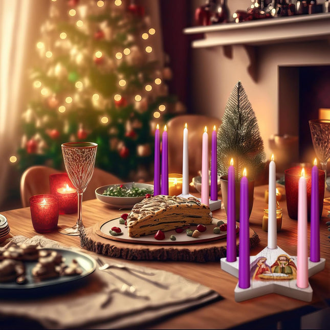 Sliner 11 Pcs Christmas Advent Candle Holder Nativity Scene Christmas Candle Holder Set 1 Star Shape Wooden Advent Wreath Candlestick Holders and 10 Candles Rustic Mantle Holiday Table Decoration