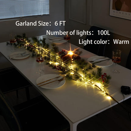 Pine Garland with Lights Christmas Decorations Indoor 100 LED Battery Operated with Timer 6 FT,Vine Lights for Walls Living Room Decor