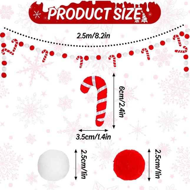 AnyDesign 8.2Ft Christmas Felt Candy Cane Garland Cute Red White Decorative Pom Pom Ball Banner Christmas Hanging Bunting Garland for Xmas Holiday Home Mantel Wall Decor Party Supplies