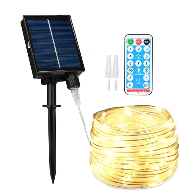 lychee Solar Powered Outdoor Rope Light, 66ft 200LED 8 Modes IP65 Waterproof Large Powered Tube, Remote Control Timer String Lights for Holiday Christmas Party Decoration (Warm White)