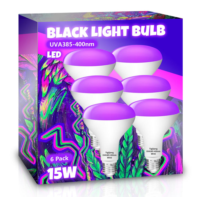 White Casing Black Light Bulbs, Blacklight Bulb 6 Packs, 120W Equivalent, E26 BR30 LED Black Light Bulb 385-400nm for Halloween Christmas Decor, Body Paint, Glow Party, Fluorescent Poster
