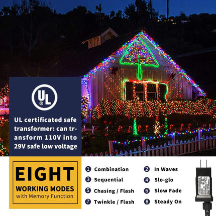 XTF2015 105ft 300 LED Christmas String Lights, End-to-End Plug 8 Modes Christmas Lights - UL - Outdoor Indoor Fairy Lights Christmas Tree, Patio, Garden, Party, Wedding, Holiday (Multicolor)