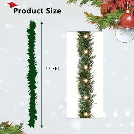 17.7FT Lighted Garland Christmas Decoration, Pre-lit Artificial Indoor Outdoor Christmas Garland for Stairs Railing, Green Holiday Decor for Home Garden.