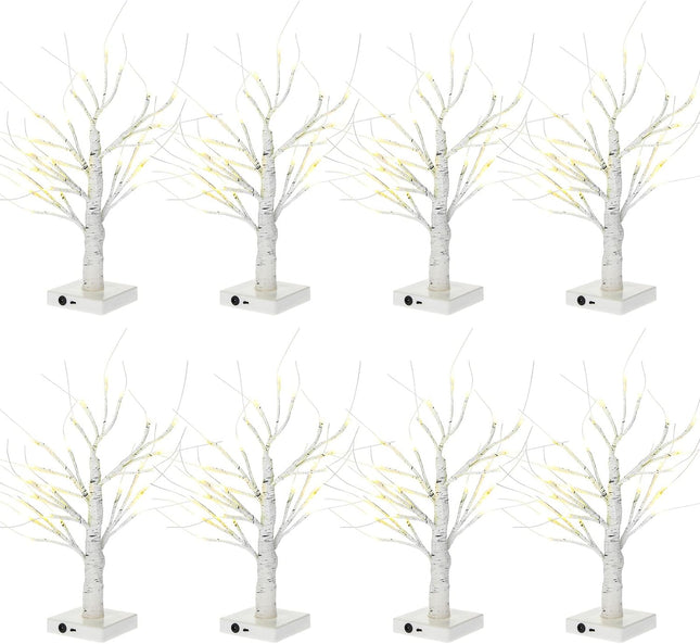 Macarrie 8 Pcs Christmas Tree Decorations 18 Inch Lighted Birch Tabletop Tree LED Winter Decor Small Artificial Light up DIY Women Wedding Battery Powered or USB Twinkling Fairy Branch(White)