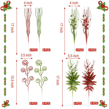 48 Pack Glitter Christmas Tree Picks 17'' Red Green Artificial Christmas Picks for Tree Curly Christmas Tree Filler Decorations DIY Crafts Holiday Home Decor