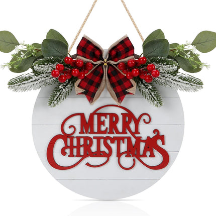 CHDITB Cute Merry Christmas Wooden Front Door Wreath(11.4”x11.4”), Farmhouse 3D Christmas Decor Hanging Sign with Red Plaid Bow Berries Mistletoe, Housewarming for Xmas Winter Holiday Year