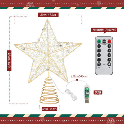 Christmas Star Tree Topper with 8 Lighting Modes, USB Lighted Tree Topper with 20 LED Lights, Shiny Treetop Christmas Tree Decoration for Indoor Outdoor Holiday Home Ornament , 9.8 Inch(H)