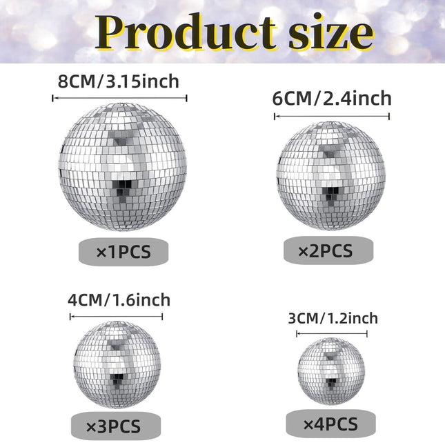 10 Pcs Hanging Mini Disco Ball, Small Mirror Disco Balls Decor for Cake Cake Topper, Big Disco Ball Decoration Different Sizes 70s Disco Decor Ornaments with Rope for Room Party Christmas Tree