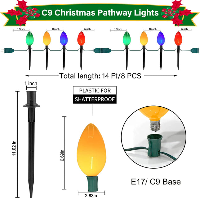 2 Pack C9 LED Christmas Pathway Lights,Outdoor Pathway Stake Lights with 4 C9 Multi-Color LED Bulbs Connectable Christmas Walkway Lights for Holiday Outside Yard Garden Lawn Decoration