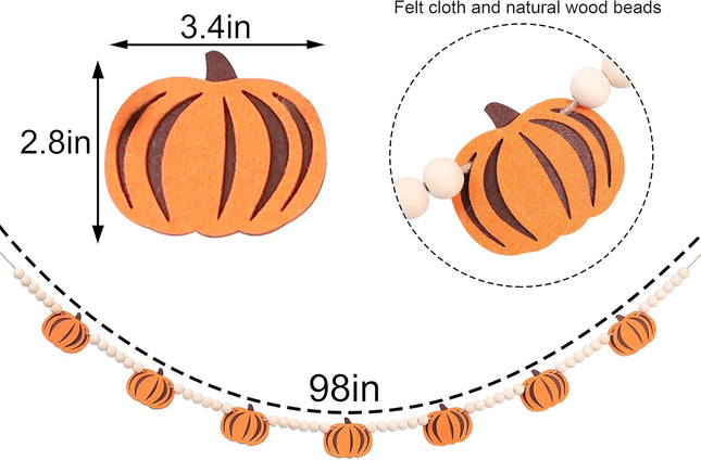 Fall Decor, Fall Decorations for Home, Felt Pumpkins and Wood Beads Garland - Fall Pumpkin Garland for Mantle, Fall Pumpkin Wall Decor, Halloween Decorations Indoor