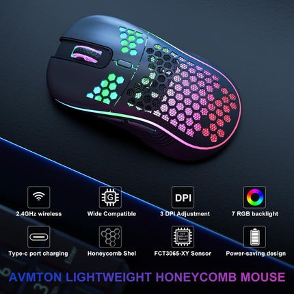 Wireless Gaming Mouse with Honeycomb Shell,USB Cordless 2.4GHz Ergonomic Wireless Mouse,Rechargeable RGB Backlight Computer Mouse for pc,Laptop,Computer(Black)
