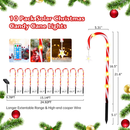 Christmas Decorations 10 Pack 22" Solar Christmas Candy Cane Lights Waterproof,Christmas Lights Outdoor Pathway with 8 Modes,Outdoor Christmas Decorations Outside for Walkway Yard Garden/Pathway