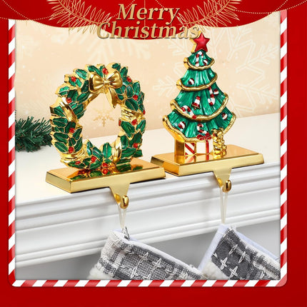 Christmas Tree Stocking Holders for Mantel ,Christmas Wreath Stocking Hangers for Fireplace Mantel Weighted Stocking Hooks Metal Tree Stocking Holder Stand for Christmas Decoration (Gold Tree Set)