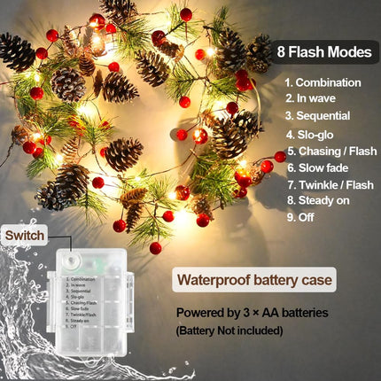 Garland with Lights Christmas Pine Garlands 13 Feet 40 LED Battery Operated Garland with Red Berry and Led Lights Xmas Tree Garland Berry Lights Holiday Light for Home Windows Fireplace Stairs