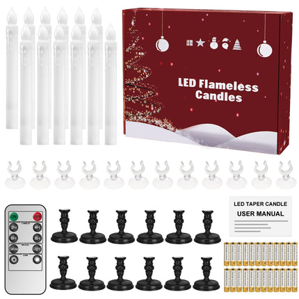 12 Pack Flameless LED Window Candles with Drip Texture,Removable Candle Holders,24 AA Batteries,Daily Timer,ON/Off Remote,12 Window Suction Cups,Christmas Home Wedding Decor(Black)