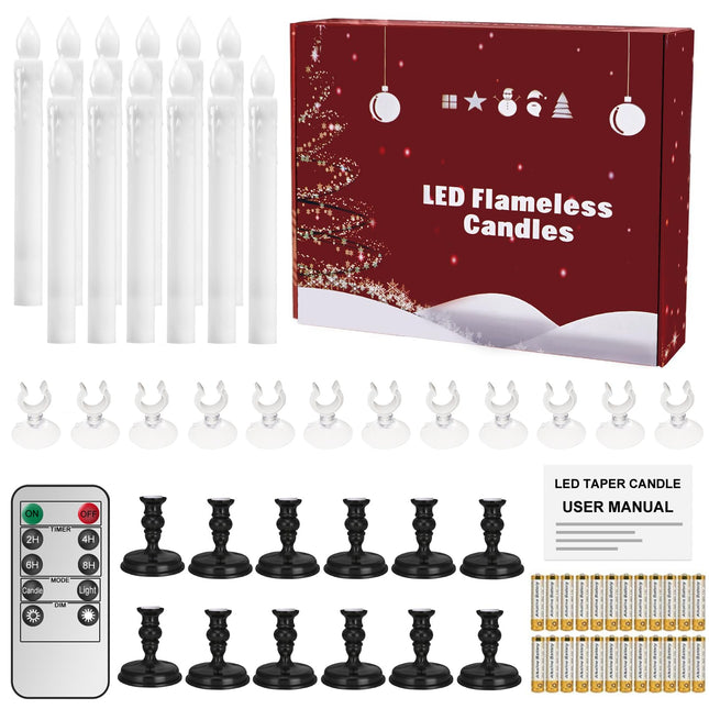 12 Pack Flameless LED Window Candles with Drip Texture,Removable Candle Holders,24 AA Batteries,Daily Timer,ON/Off Remote,12 Window Suction Cups,Christmas Home Wedding Decor(Black)