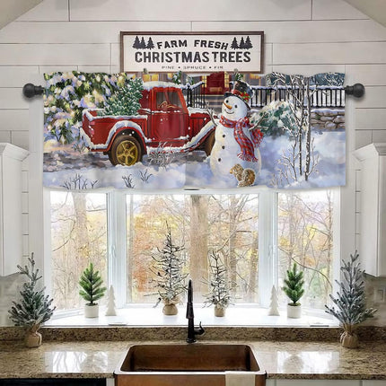 Christmas Snowman Valances Windows Curtain Red Truck with Xmas Tree Kitchen Valances Rod Pocket Snowy Winter Short Topper Curtains for Winter Holiday Christmas Decorations 1 Panel,54 by 18 inches