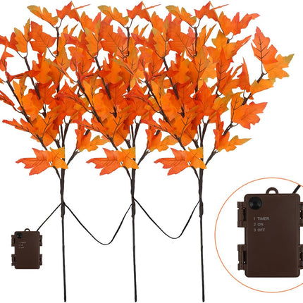 3Pcs 30”Lighted Maple Leaves Branches Stems with Timer Battery Operated 60 LEDs Fall Artificial Maple Branches with Lights for Vases Autumn Home Thanksgiving Halloween Christmas Decoration