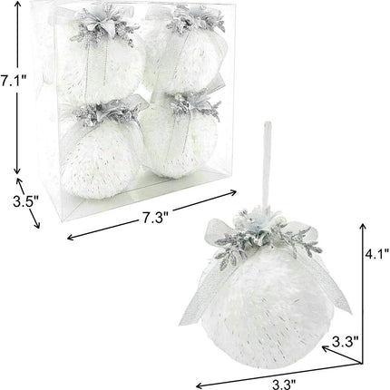 Nature Vibe Set of 4 Faux Fur White Christmas Ornaments in Box,Christmas Balls with Silver Accent as Christmas Tree Decorations or Winter Wonderland Decorations