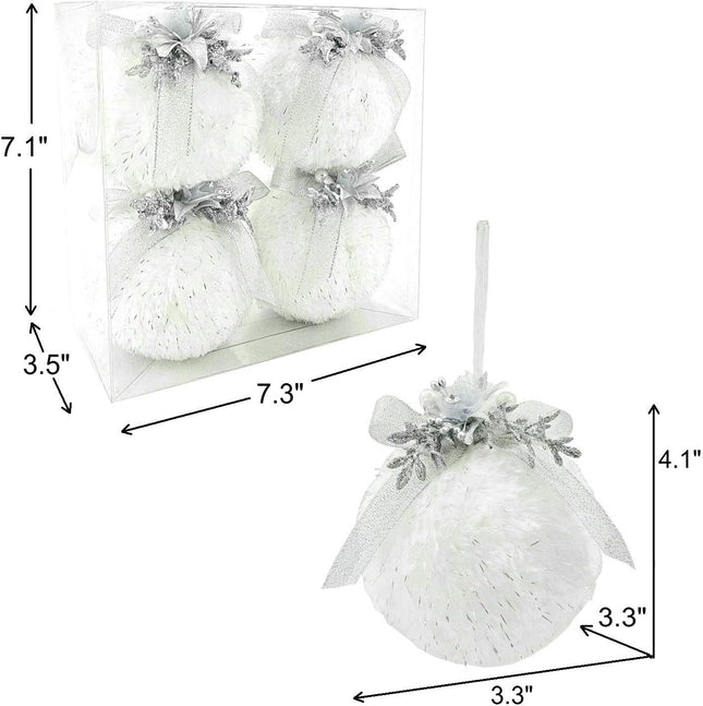 Nature Vibe Set of 4 Faux Fur White Christmas Ornaments in Box,Christmas Balls with Silver Accent as Christmas Tree Decorations or Winter Wonderland Decorations