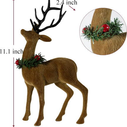 2pcs Reindeer Christmas Decorations, Flocking Christmas Reindeer Figurines with Red Berry and Pine Needle, Deer Décor Christmas Table Decorations, Christmas Table Centerpieces