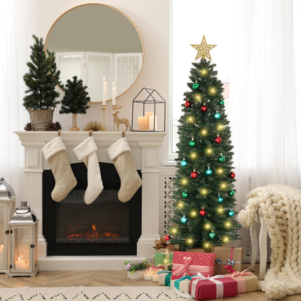 XmasExp Green Skinny Pencil Christmas Tree, 5ft Artificial Slim Thin Christmas Tree with Warm LED Lights String 8 Lighting Modes and Christmas Ball Onaments