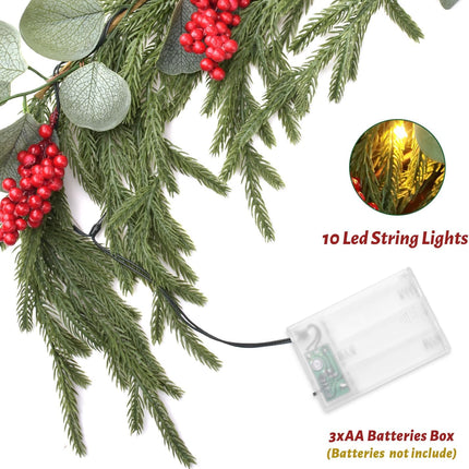 Real Touch Norfolk Pine Garland with Lights, Red Berries and Eucalyptus Leaves, Christmas Garland for Year and Home Decoration, 6FT
