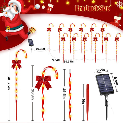 Christmas Solar Candy Cane Pathway Lights, 12Pcs 120 LED 40" Christmas Lights Outdoor Decorations with Red Bow Waterproof, 8 Modes Timer Remote Christmas Walkway Lights for Xmas Yard Lawn Patio Decor