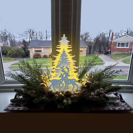 Wooden Christmas Tree Tabletop Decor, Cewuidy，LED Light up Wooden Christmas Reindeer Ornaments 11.8inch 2AA Battery Powered for Home Farmhouse Xmas Desktop Decorations(Indoor)