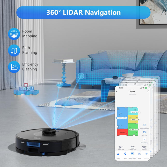 Tikom Robot Vacuum And Mop, L8000 Laser Lidar Navigation Robotic Vacuum, 3000Pa Suction, 150Mins Max, 45Db, 14 Nogo Zones, 20 Virtual Walls, Selfcharging, Good For Pet Hair, Carpet, Hard Floor