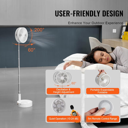 8 Inch Foldable Oscillating Standing Fan With Remote Control, 4 Speed Adjustable Portable Desk Quiet Fan, 7200Mah Rechargeable