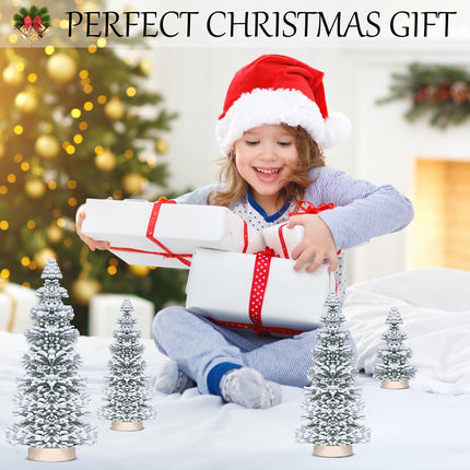 Mini Christmas Tree, Vlorart 4PCS Artificial White Bottle Brush Christmas Trees, Snow Miniature Tree, Small Bristle Christmas Trees, White Flocked Tabletop Tree with Wooden Bases for Xmas Home Decor