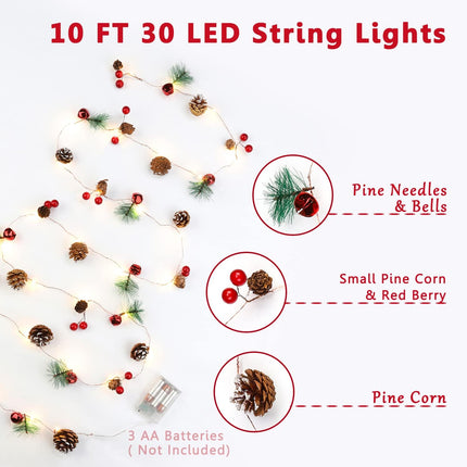 Christmas Pinecone String Lights, Battery Powered LED Wreath String Lights, Indoor Christmas Decorations, Christmas Tree Decorations, Home Fireplace Fireplace Christmas Decorations (Warm red)