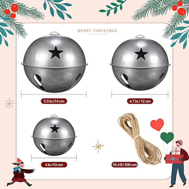 Tandefio Giant Christmas Vintage Bells Christmas Tree Ornaments Set of 5.5" 4.7" 4" H Decorative Bells with Jute Hanging Rope for Christmas Door Knob Home Garden Decor DIY Craft (Silver)