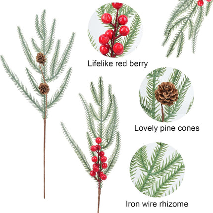 16 Pcs Christmas Berries Pine Picks, Christmas Faux Pine Greenery Stems with Berries and Pine Cones, Artificial Red Berry Pine Branches for DIY Xmas Tree Garland Wreath Home Garden Decoration