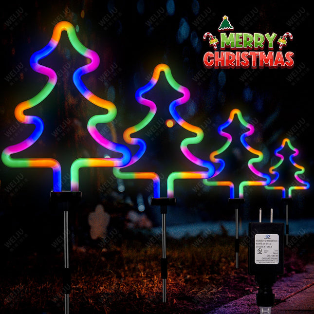 BlcTec Christmas Decorations Outdoor, 4PCS Neon Christmas Tree Shape String Lights with Stainless Steel Stakes, Waterproof Xmas Tree Stakes Lights for Garden, Patio, Yard Christmas Décor, Multicolor